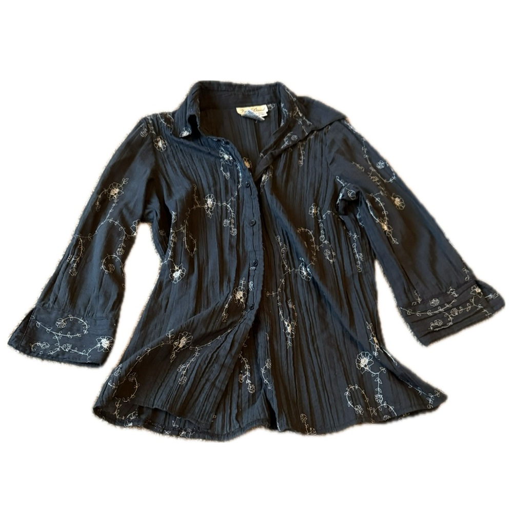 black button-up with floral embroidery details